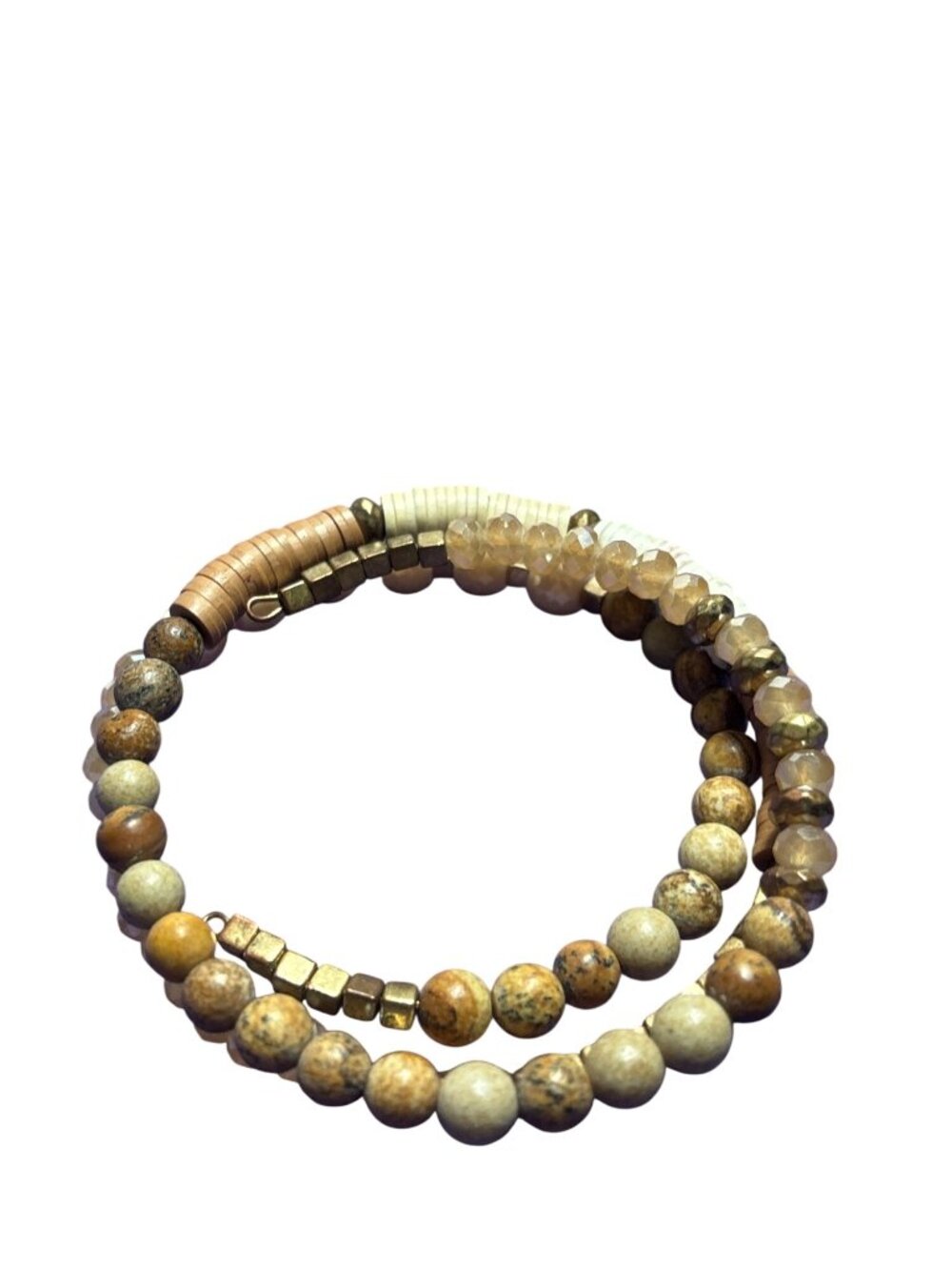 Artisan Beaded Memory Wire Bracelet Iridescent Faceted Glass Stone Metal Shell